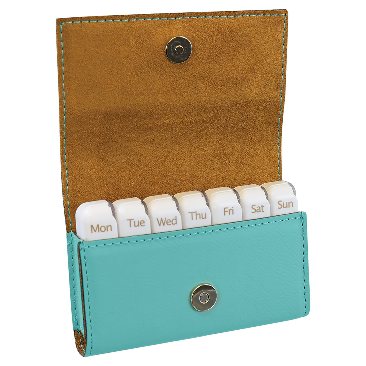 Engraved Leatherette Pill Box - Teal / 4 3/4 x 3 1/8 x 1 1/4 in