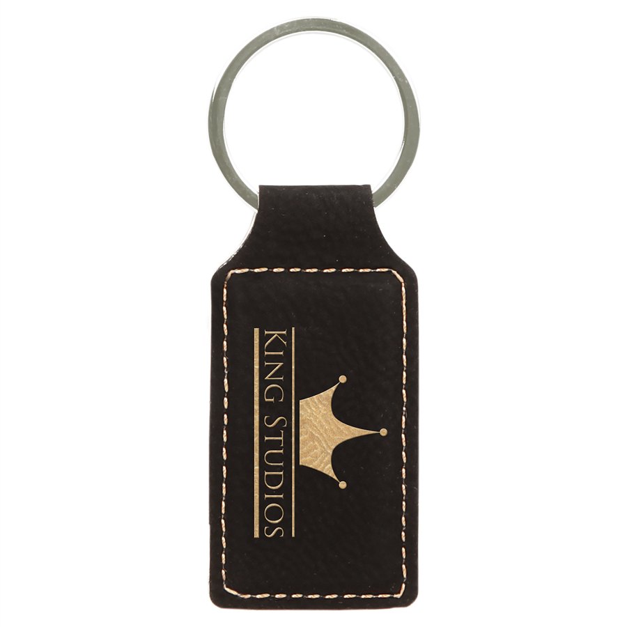 Engraved Leatherette Rectangle Keychain - Black/Gold