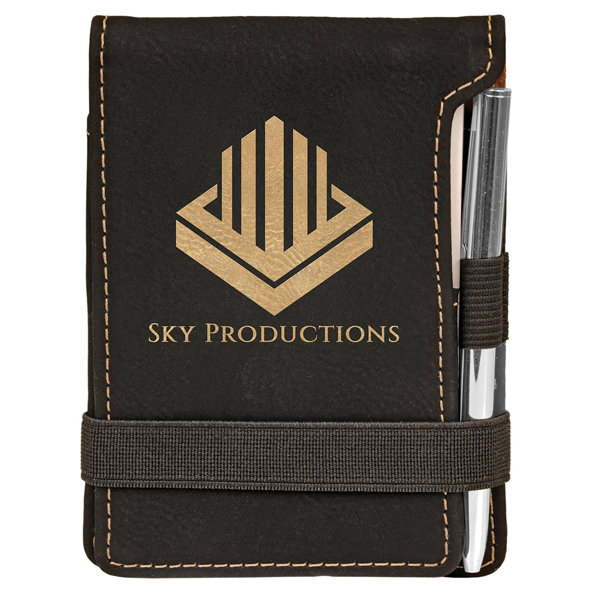 Engraved Leatherette Mini Notepad with Pen - Black/Gold