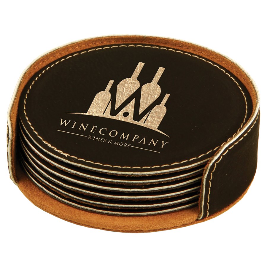 Engraved Round Leatherette 6-Coaster Set - Black/Gold