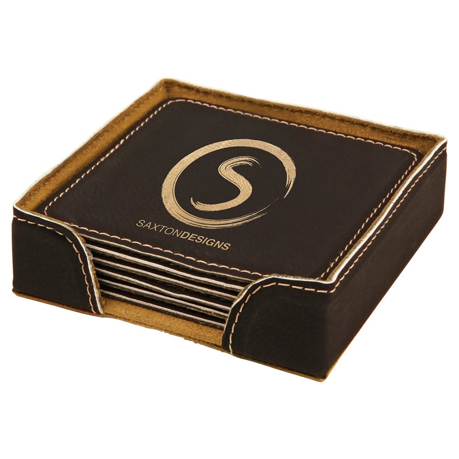 Engraved Square Leatherette 6-Coaster Set - Black/Gold