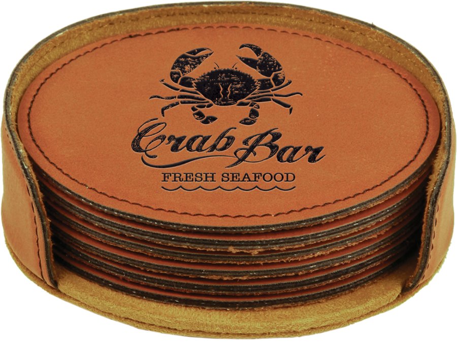 Engraved Round Leatherette 6-Coaster Set - Rawhide