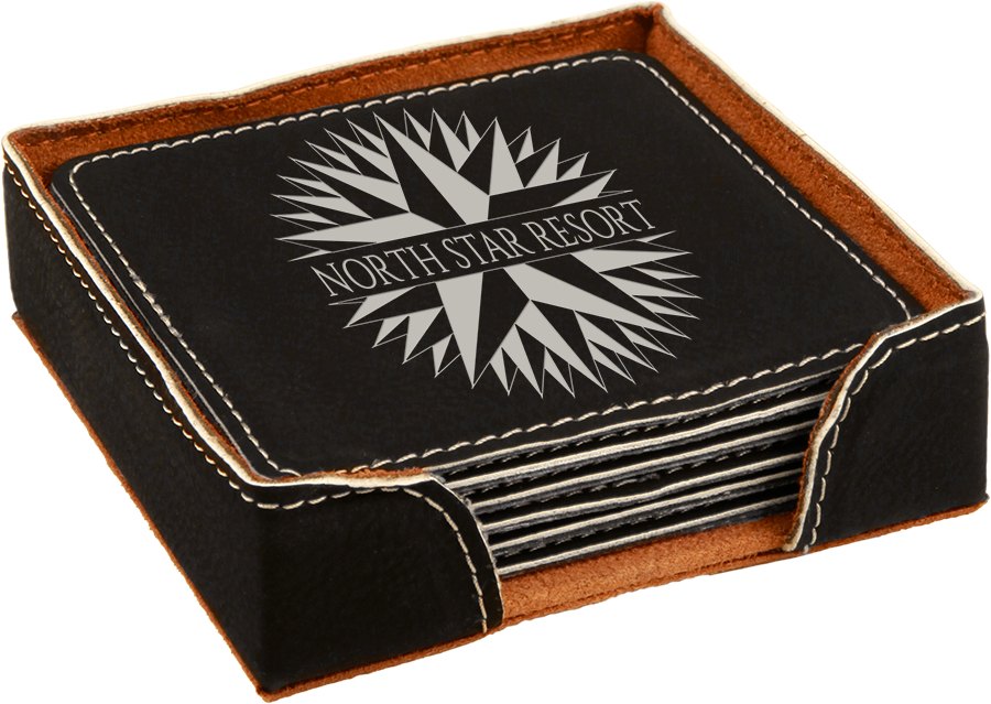 Engraved Square Leatherette 6-Coaster Set - Black/Silver