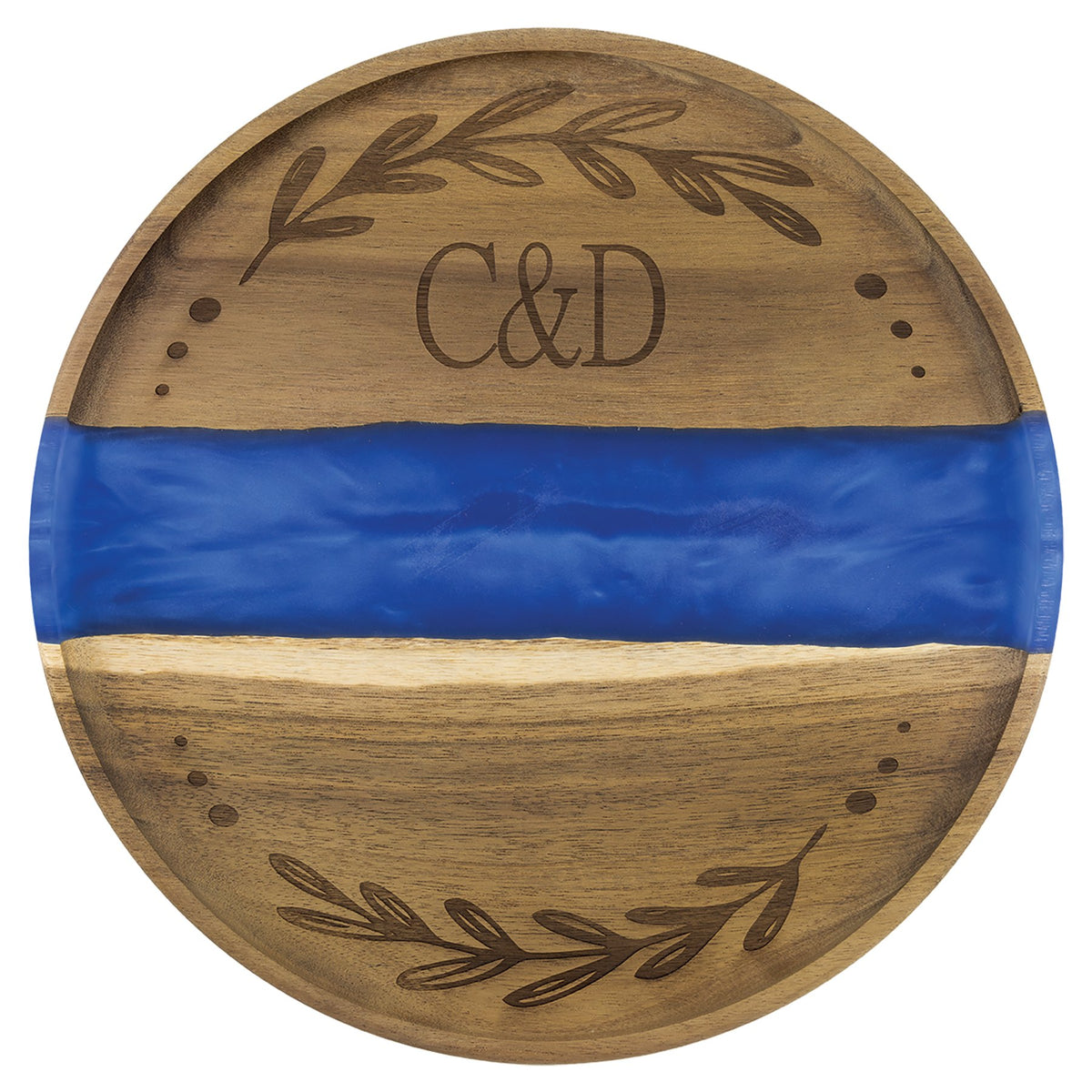 Engraved Acacia Round Serving Tray with Pearl Resin - Blue Pearl / 11 3/4 in dia.