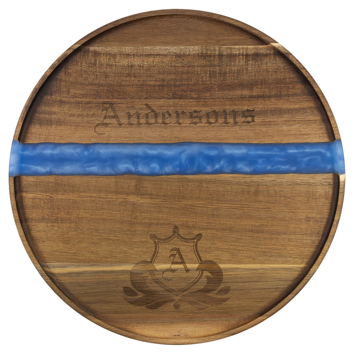 Engraved Acacia Round Serving Tray with Pearl Resin - Blue Pearl / 16 in dia.
