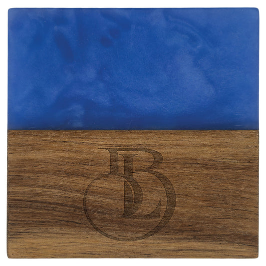 Engraved Acacia Square Coaster with Pearl Resin - Blue Pearl