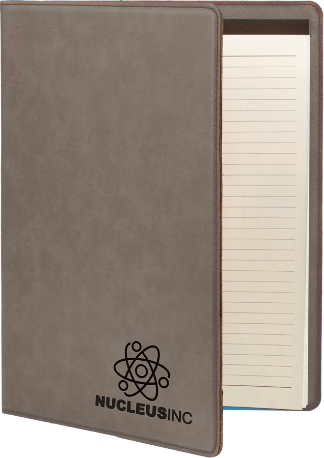 Engraved Leatherette Portfolio with Notepad - Gray / Large (9 1/2 x 12 in)