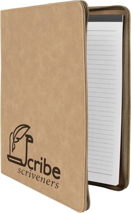 Engraved Leatherette Portfolio with Zipper and Notepad - Light Brown