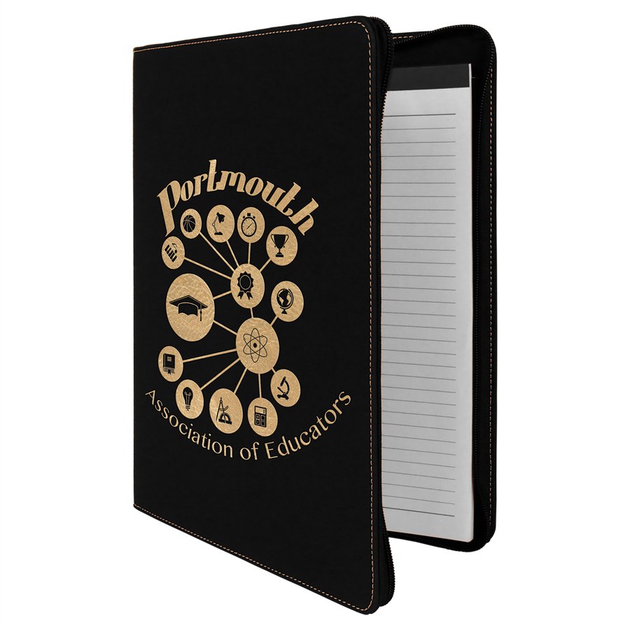 Engraved Leatherette Portfolio with Zipper and Notepad - Black/Gold