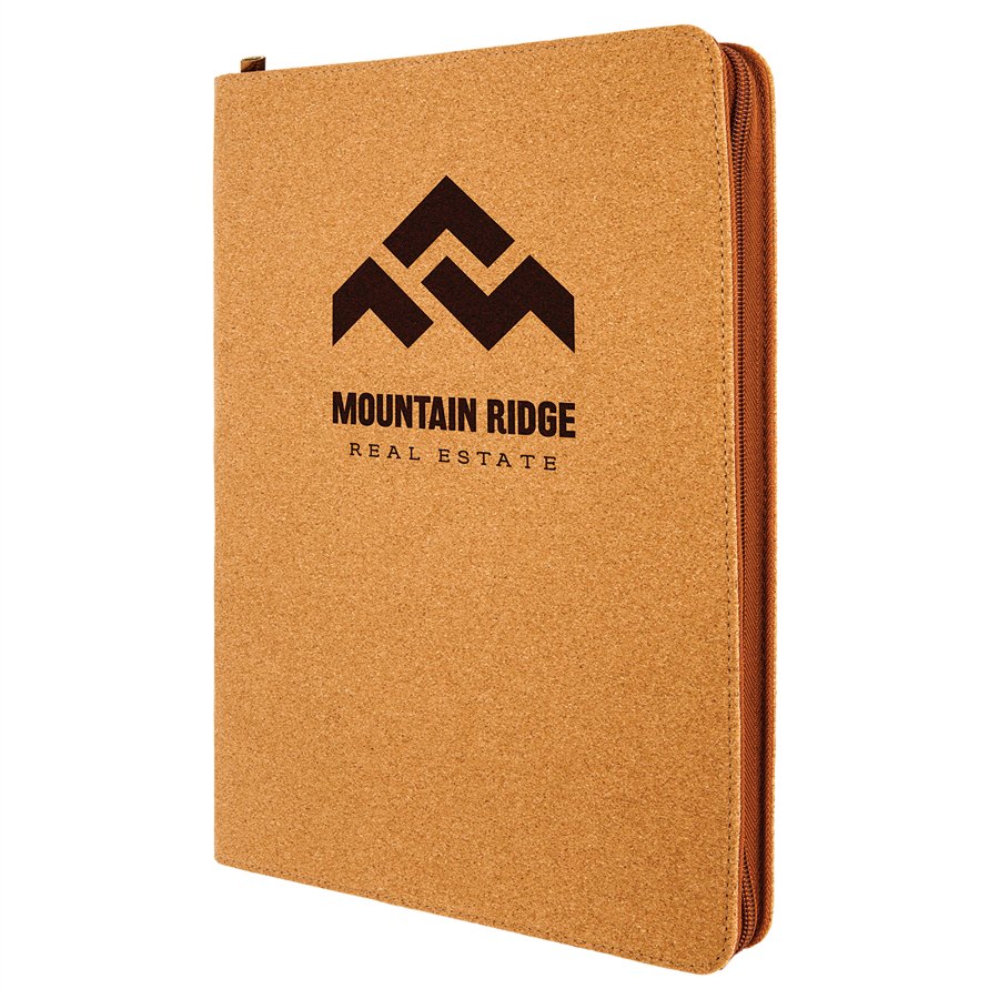 Engraved Leatherette Portfolio with Zipper and Notepad - Cork