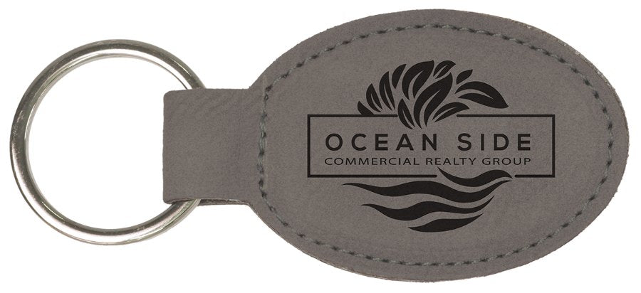 Engraved Leatherette Oval Keychain - Gray