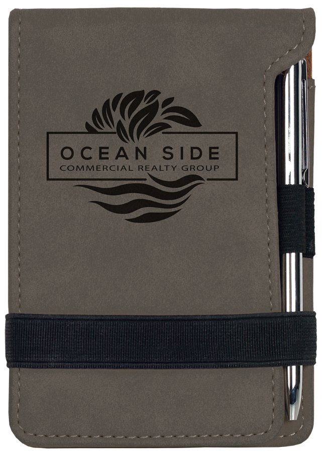 Engraved Leatherette Mini Notepad with Pen - Gray