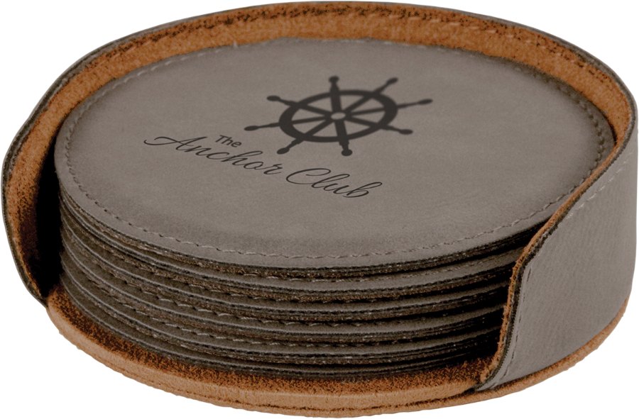 Engraved Round Leatherette 6-Coaster Set - Gray