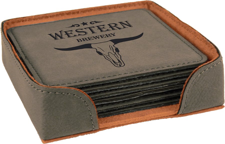 Engraved Square Leatherette 6-Coaster Set - Gray