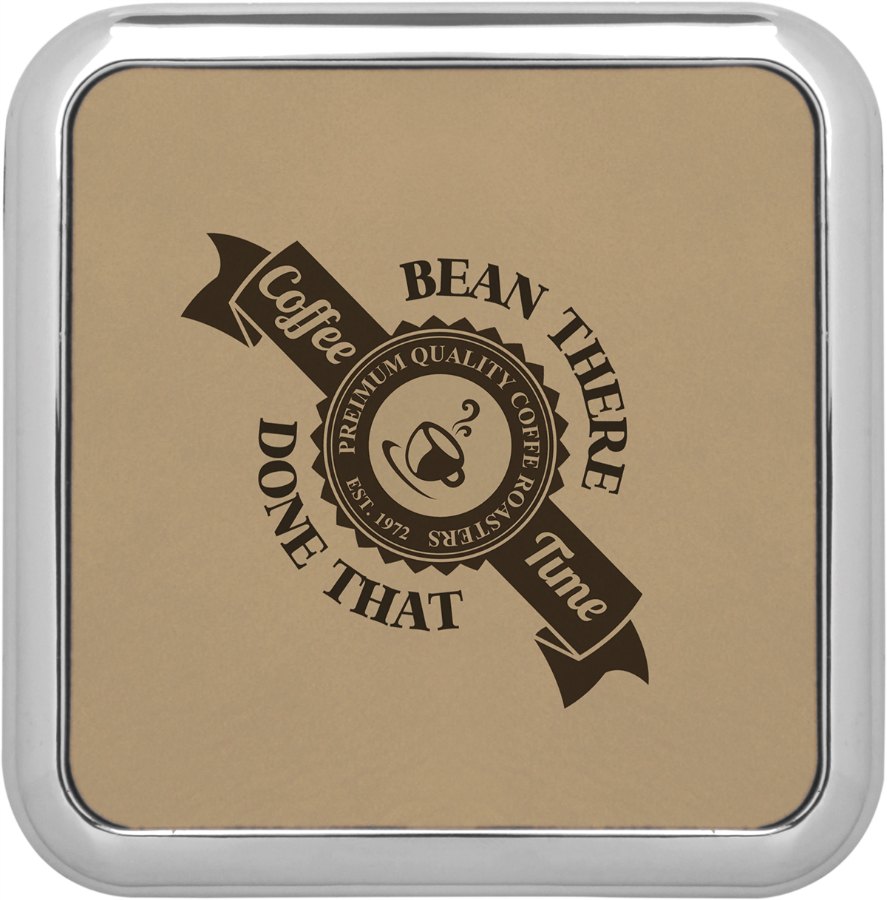 Engraved Square Light Brown Leatherette Coaster with Silver Edge