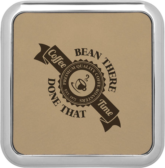 Engraved Square Light Brown Leatherette Coaster with Silver Edge