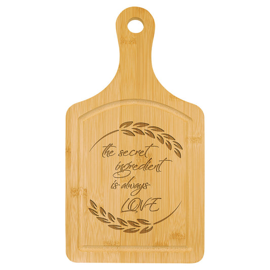 Engraved Bamboo Paddle-Shaped Cutting Board with Drip Ring - 13 1/2 x 7 in
