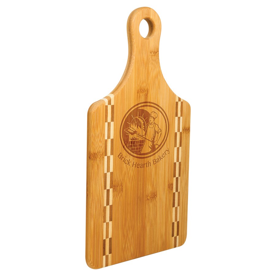 Engraved Bamboo Paddle-Shaped Cutting Board with Butcher Block Inlay