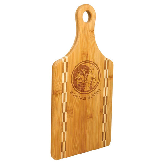 Engraved Bamboo Paddle-Shaped Cutting Board with Butcher Block Inlay