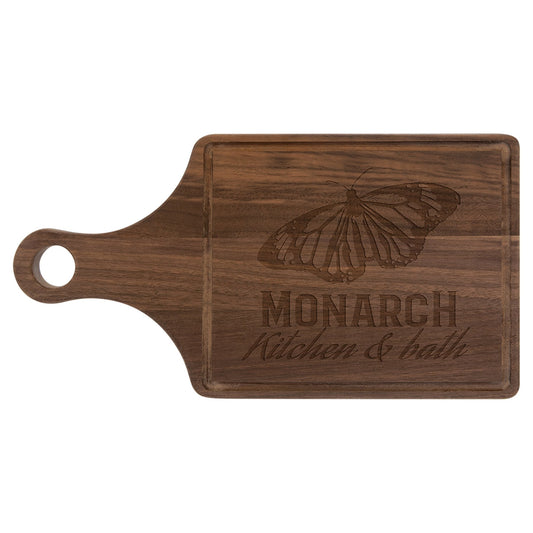 Engraved Walnut Paddle-Shaped Cutting Board with Drip Ring