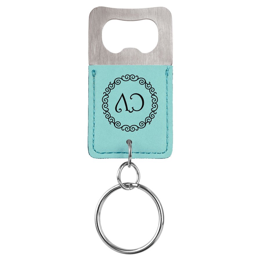 Engraved Rectangle Leatherette Bottle Opener Keychain - Teal