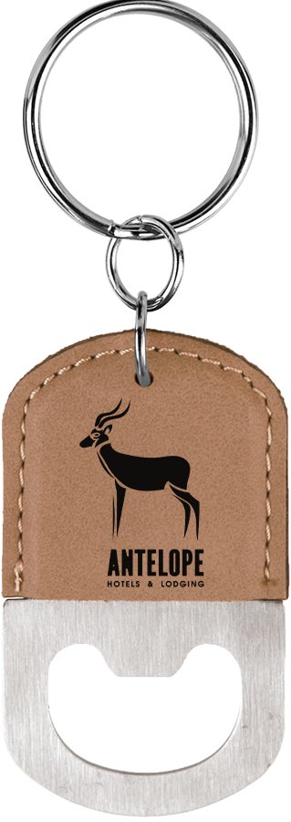 Engraved Oval Leatherette Bottle Opener Keychain - Light Brown