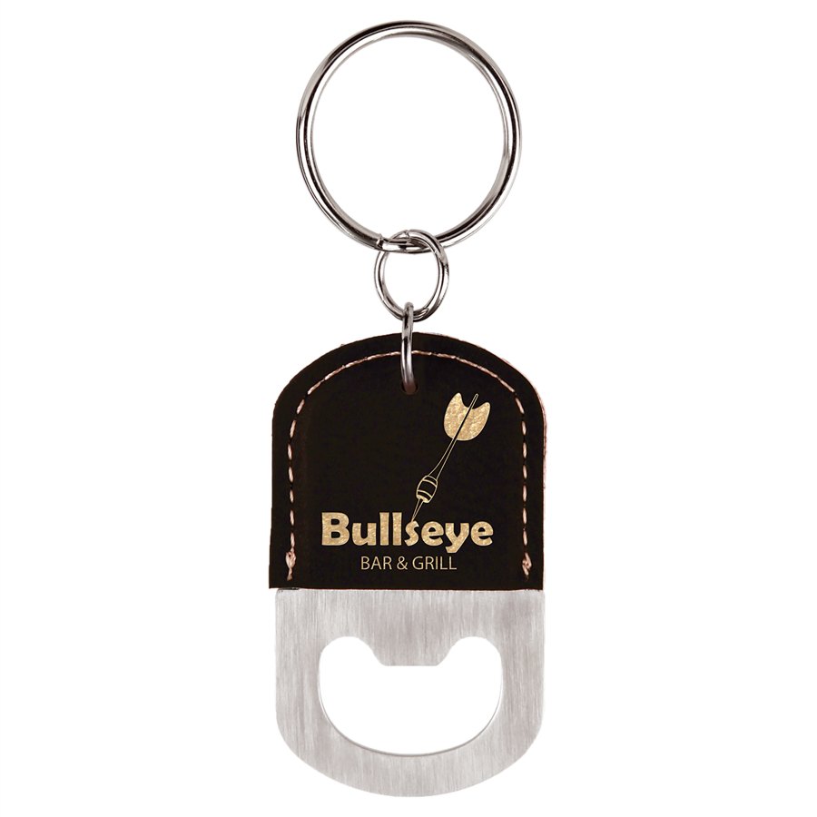 Engraved Oval Leatherette Bottle Opener Keychain - Black/Gold