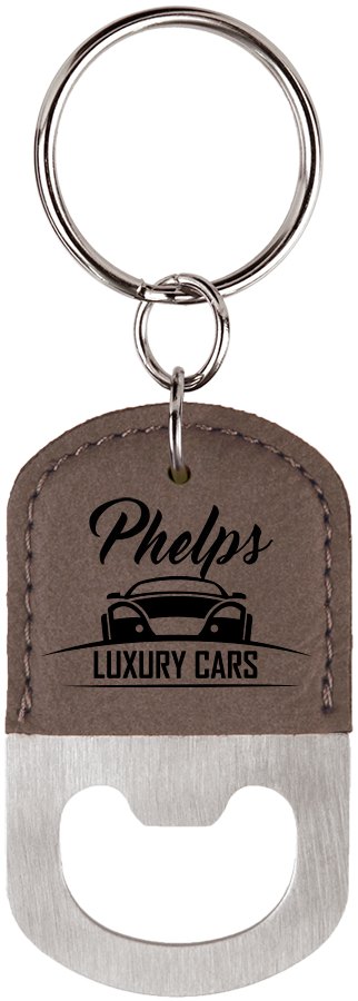 Engraved Oval Leatherette Bottle Opener Keychain - Gray