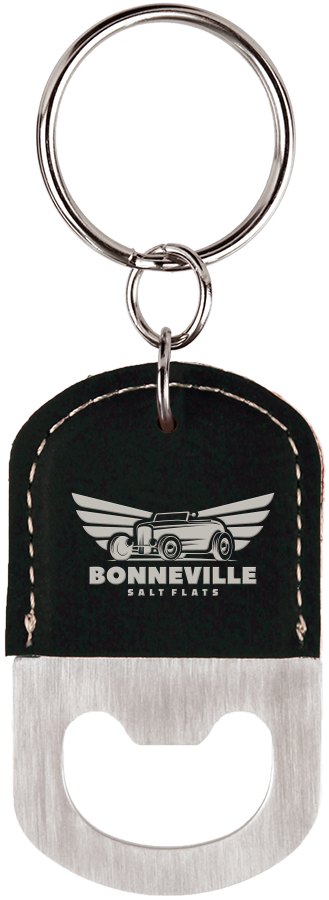 Engraved Oval Leatherette Bottle Opener Keychain - Black/Silver
