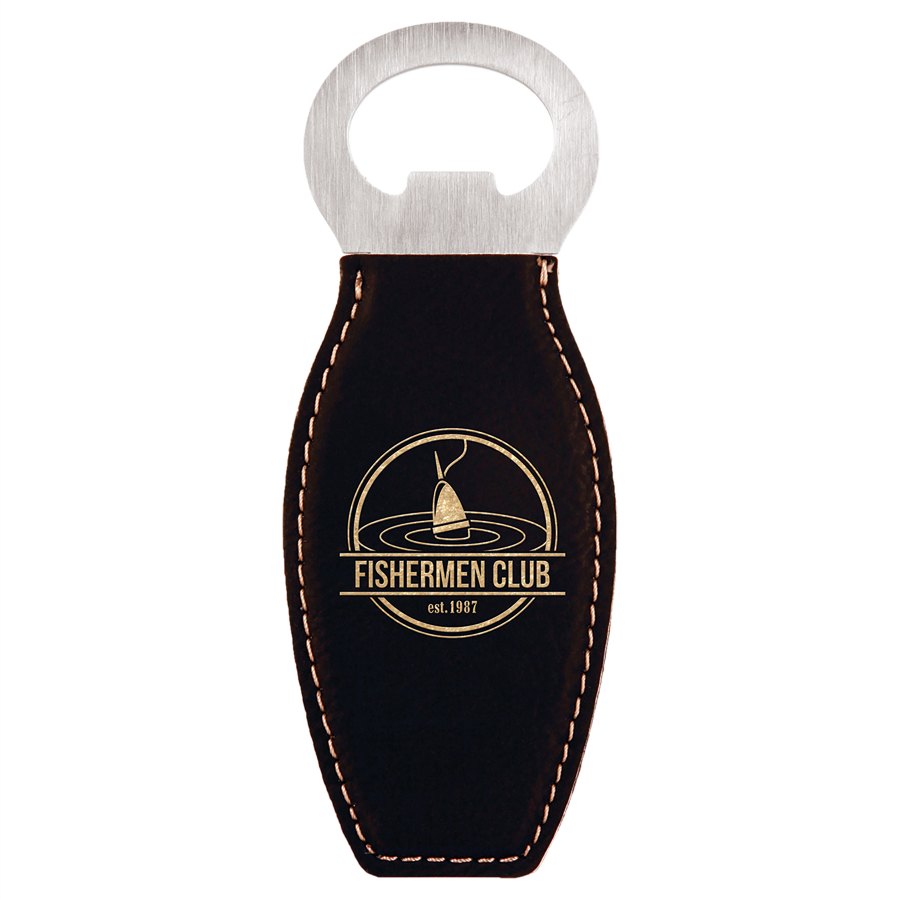 Engraved Leatherette Bottle Opener with Magnet - Black/Gold