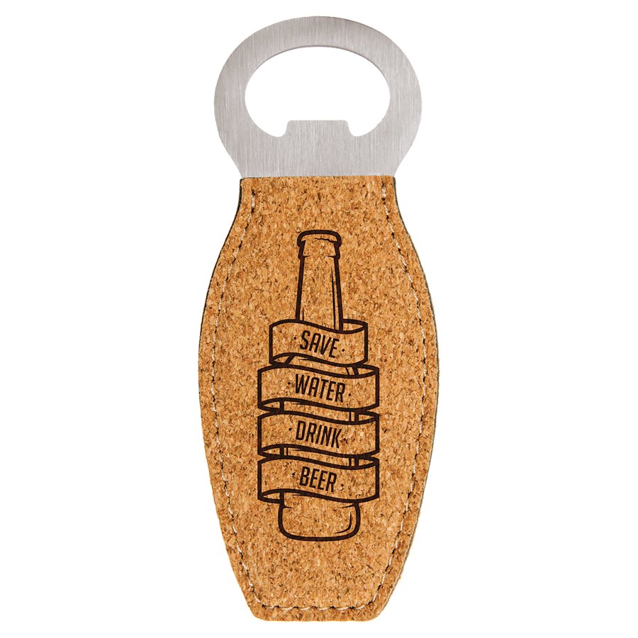 Engraved Leatherette Bottle Opener with Magnet - Cork