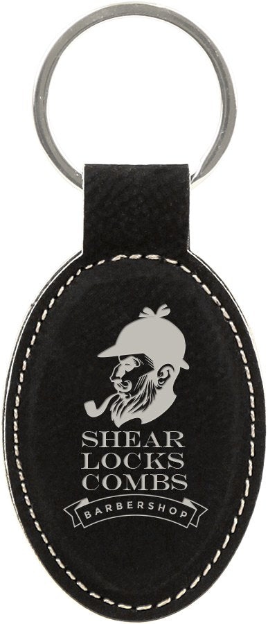 Engraved Leatherette Oval Keychain - Black/Silver