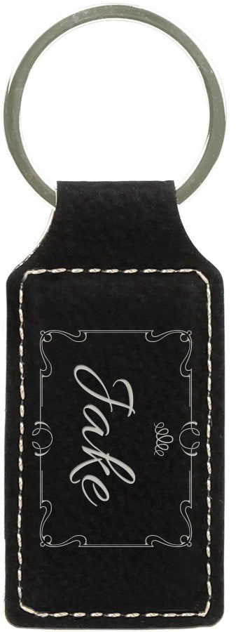 Engraved Leatherette Rectangle Keychain - Black/Silver