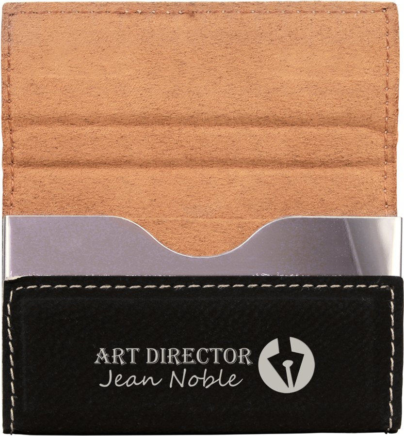Engraved Leatherette Hard Business Card Holder - Black/Silver