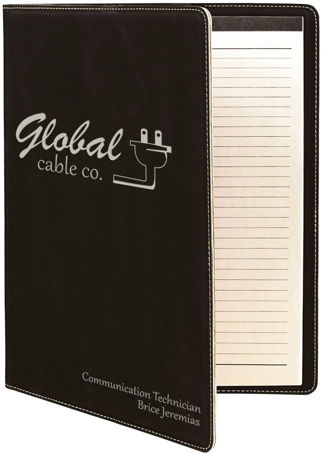 Engraved Leatherette Portfolio with Notepad - Black/Silver / Large (9 1/2 x 12 in)