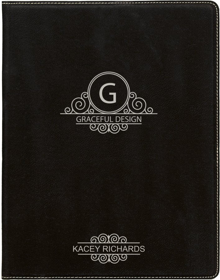 Engraved Leatherette Portfolio with Notepad - Black/Silver / Small (7 x 9 in)