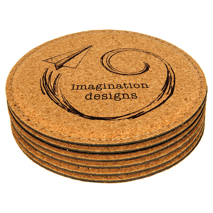Engraved Round Cork Coaster with Stitching