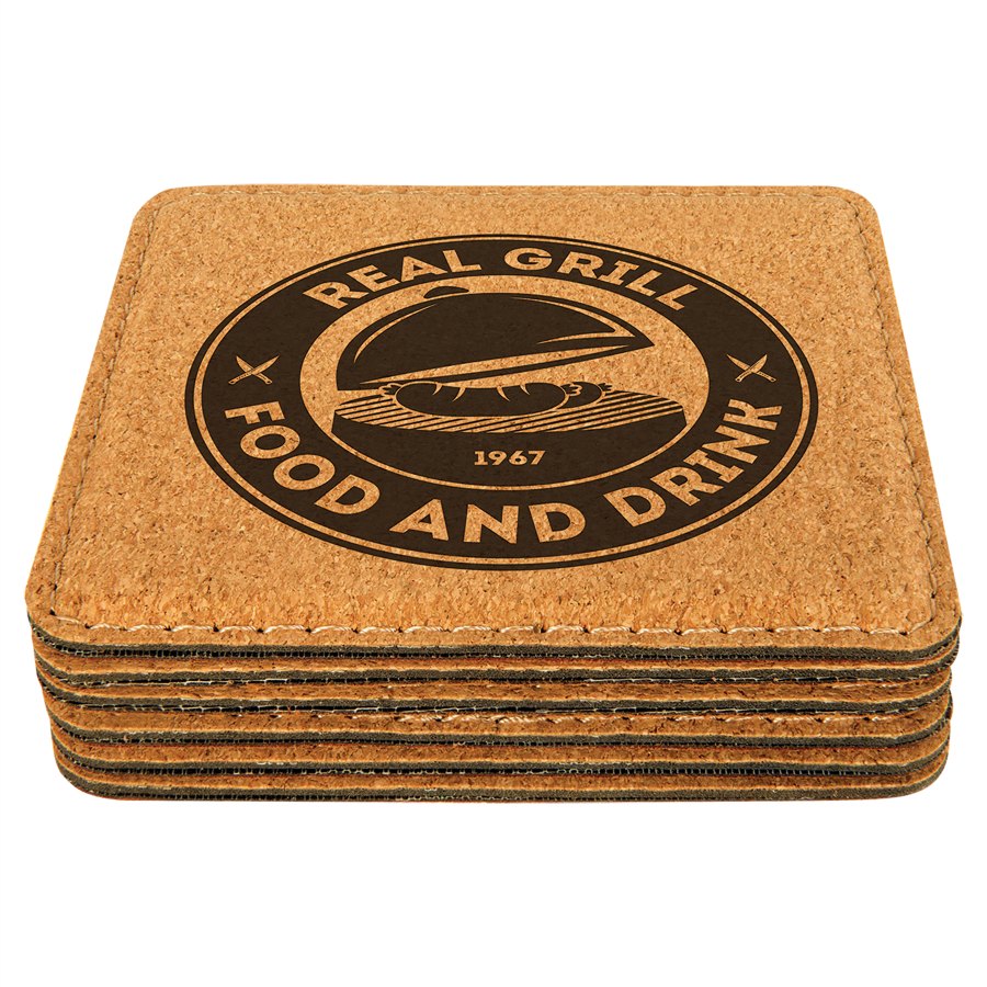 Engraved Square Cork Coaster with Stitching