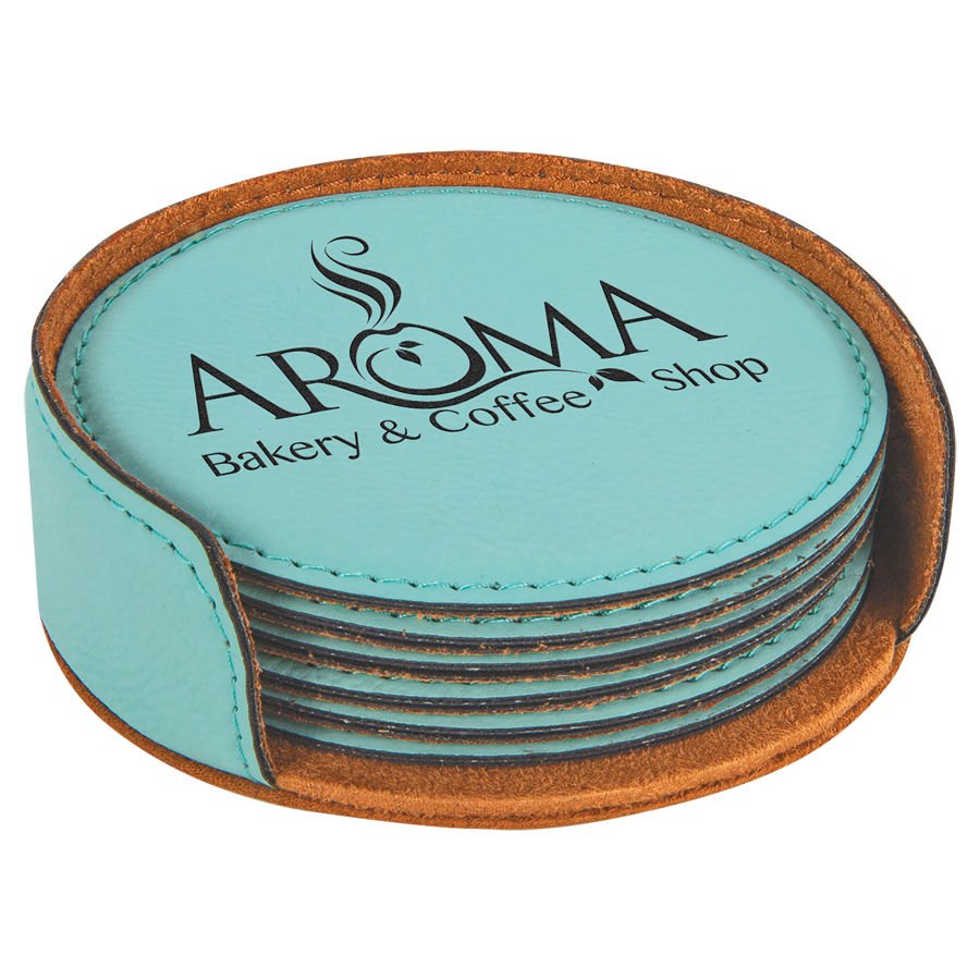 Engraved Round Leatherette 6-Coaster Set - Teal