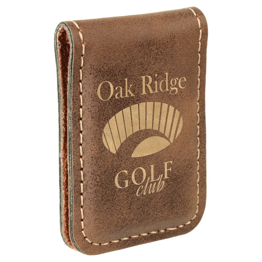 Engraved Leatherette Money Clip - Rustic/Gold