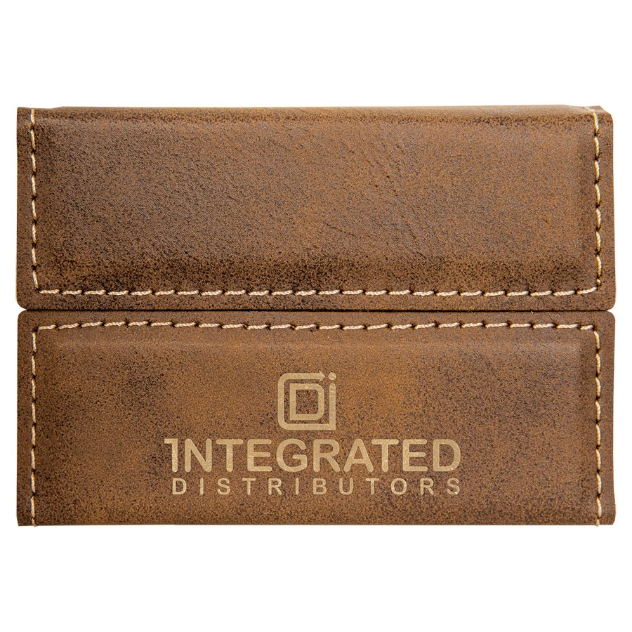 Engraved Leatherette Hard Business Card Holder - Rustic/Gold