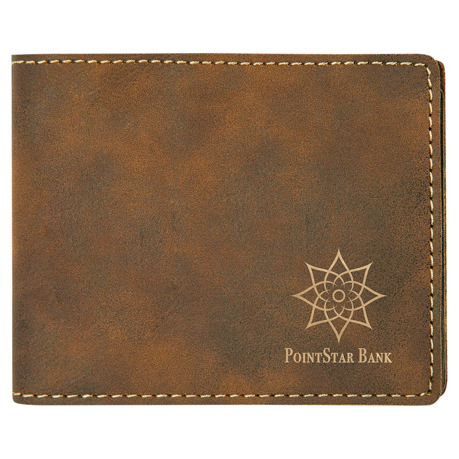 Engraved Leatherette Bifold Wallet - Rustic/Gold