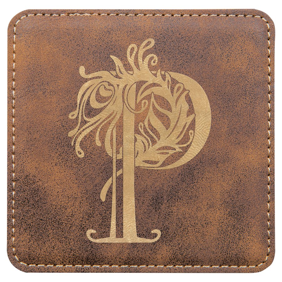 Engraved Square Leatherette Coaster - Rustic/Gold