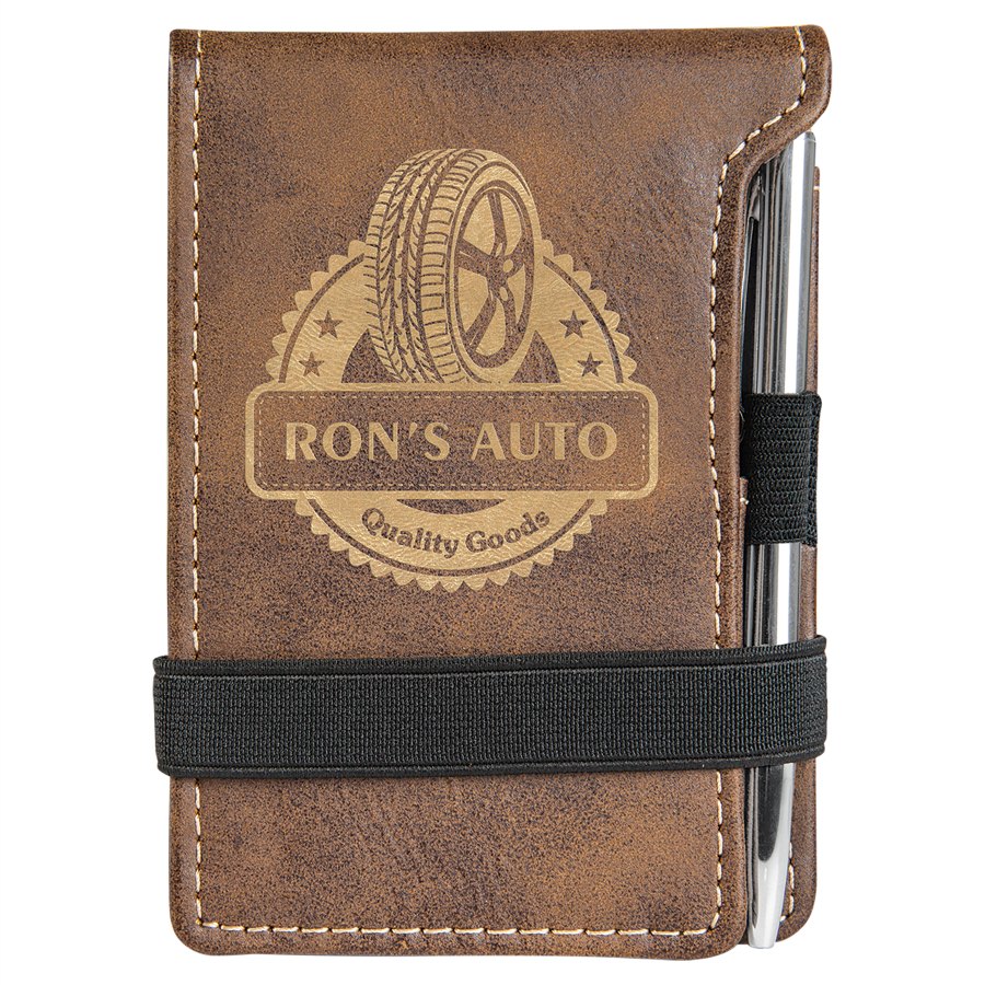 Engraved Leatherette Mini Notepad with Pen - Rustic/Gold