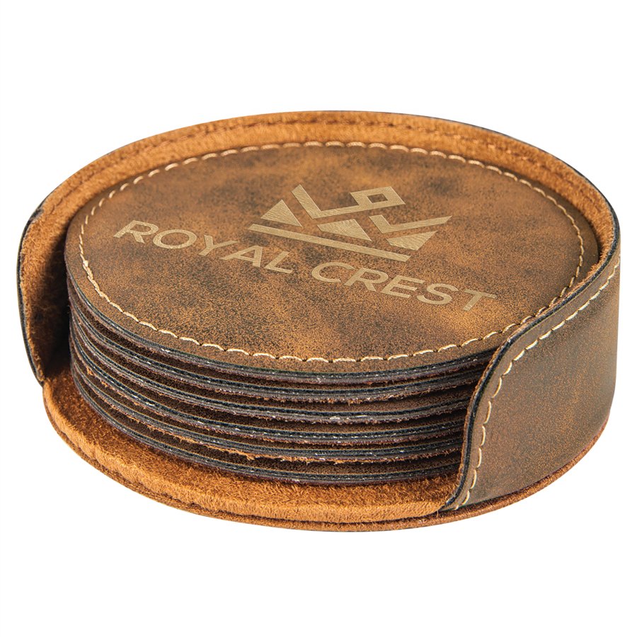 Engraved Round Leatherette 6-Coaster Set - Rustic/Gold