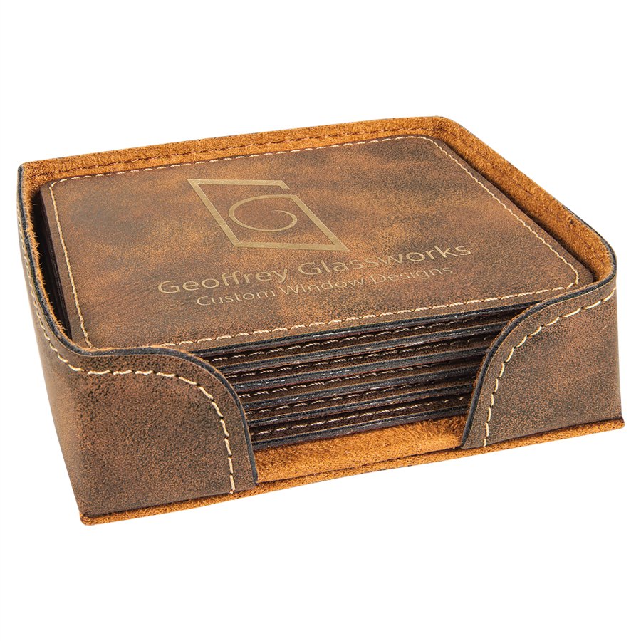 Engraved Square Leatherette 6-Coaster Set - Rustic/Gold