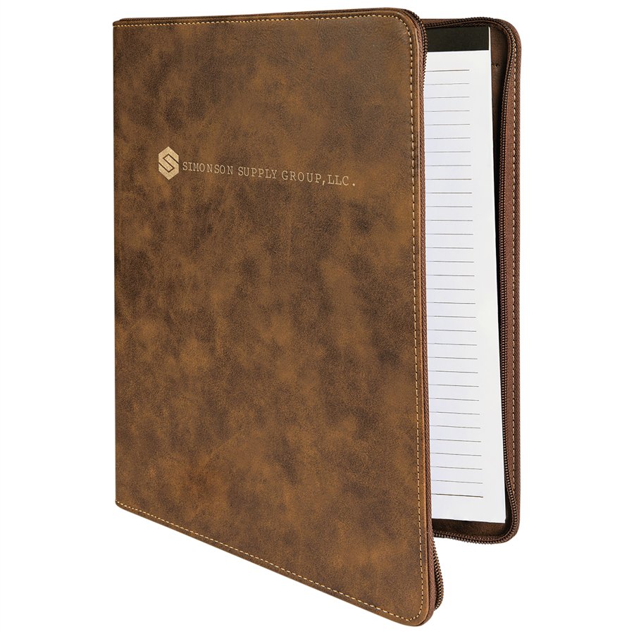 Engraved Leatherette Portfolio with Zipper and Notepad - Rustic/Gold