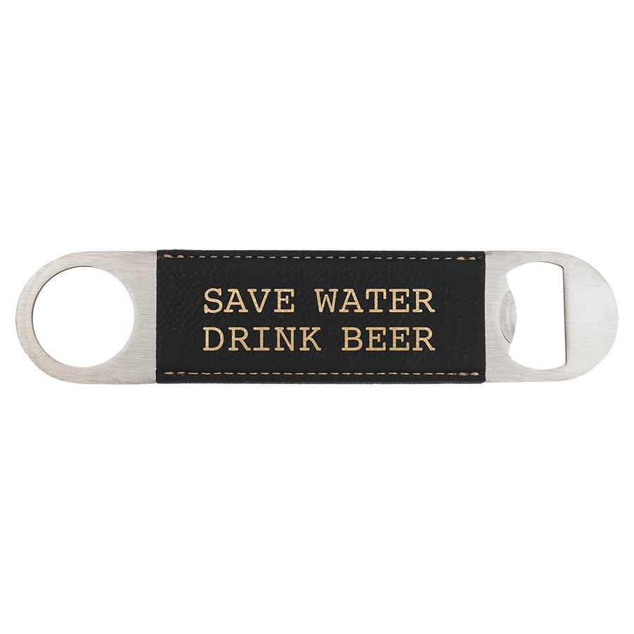 Engraved Leatherette Bottle Opener - Black/Gold