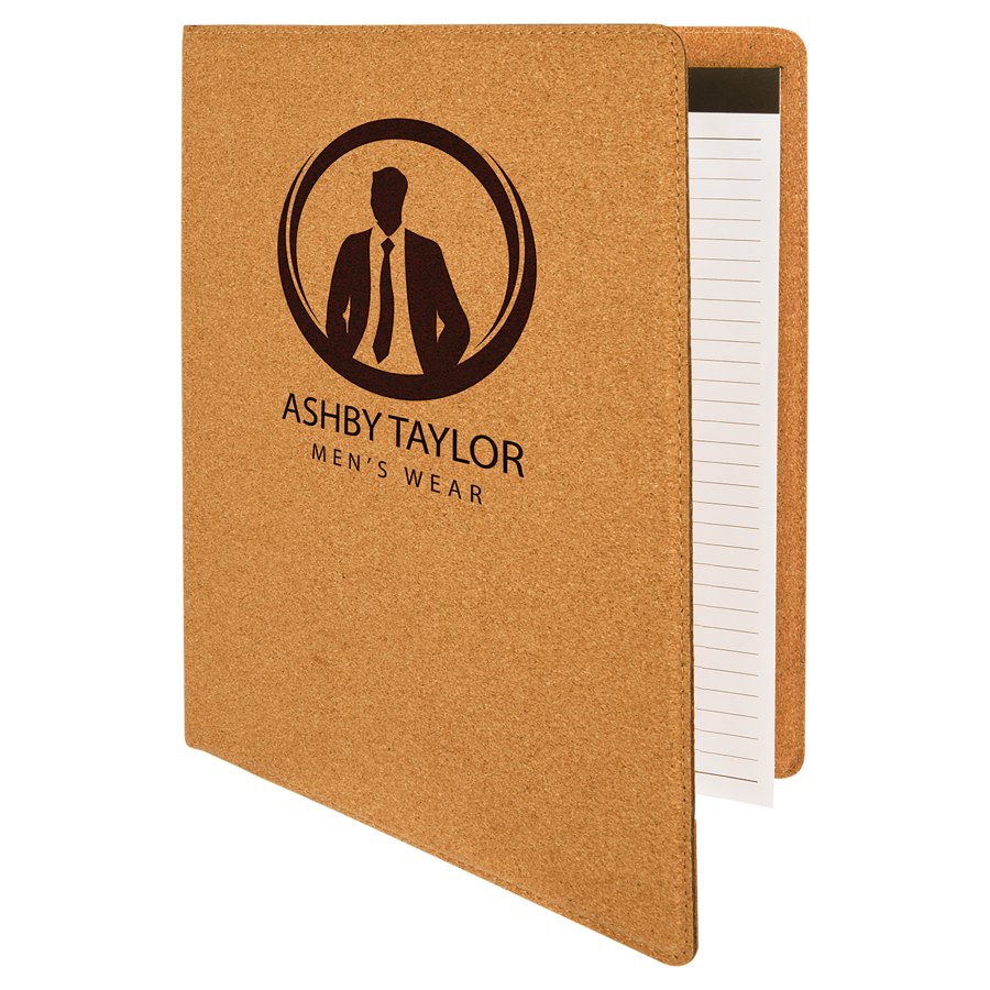Engraved Leatherette Portfolio with Notepad - Cork / Large (9 1/2 x 12 in)