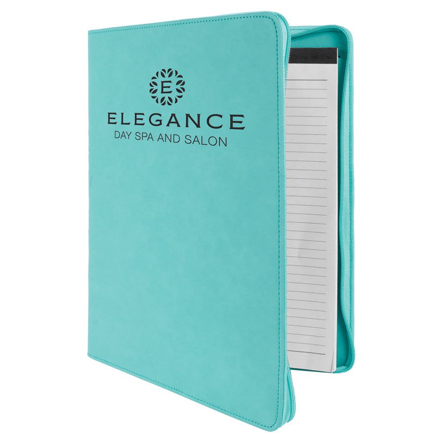 Engraved Leatherette Portfolio with Zipper and Notepad - Teal